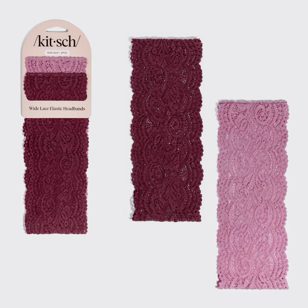 Wide Lace Elastic Headbands 2pc Set - Cherry Lacquer & Dusty Pink