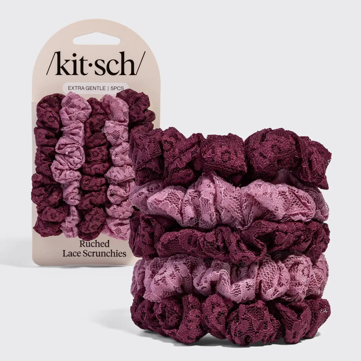 Ruched Lace Scrunchies 5pc Set - Cherry Lacquer & Dusty Pink