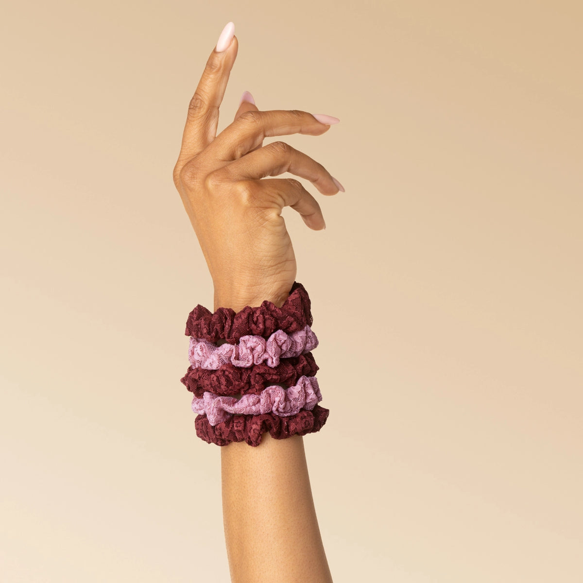 Ruched Lace Scrunchies 5pc Set - Cherry Lacquer & Dusty Pink
